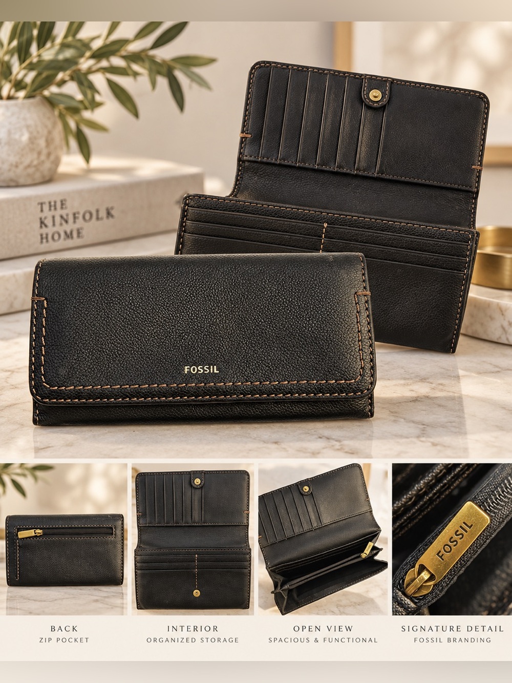 Fossil Black Leather Flap Wallet Gold Hardware | Quiet Luxury Preppy Designer